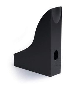CW Office Durable Magazine Rack BASIC Black, black vertical magazine holder with a curved top edge and circular hole near the bottom for organization.