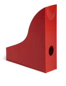 CW Office Durable Magazine Rack BASIC Red, a red plastic magazine rack with a sleek, curved design and a large circular hole on the side for easy handling and organization.