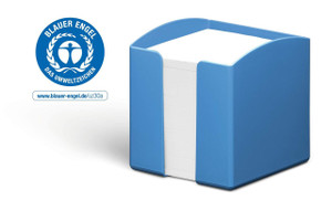 CW Office Durable Note Box ECO Blue, plastic blue note storage box with white notes inside.