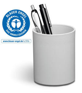 CW Office Durable Pen Cup Grey, minimalist grey cylindrical pen holder with pens inside.