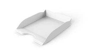 CW Office Durable NEW Letter Tray Basic White, a white plastic letter tray with a sleek design perfect for organizing documents on your desk.