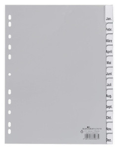 CW Office Durable 12 Part Removable Tab Index, gray plastic binder divider with month tabs labeled from Jan. to Dec.
