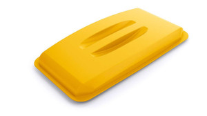 CW Office Durable DURABIN 60L Lid Yellow, a yellow plastic lid designed for waste bins with a smooth surface and ergonomic handle openings.
