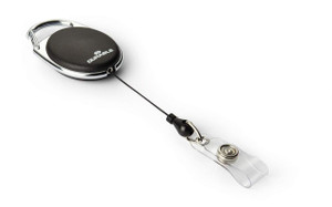 CW Office Durable STYLE Badge Reel Black, retractable badge holder with a black plastic reel and a clear strap for ID card or badge attachment.