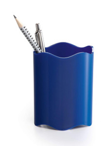 CW Office Durable Trend Pen Cup Blue, blue plastic pen holder with decorative wavy edges filled with pens and a pencil.