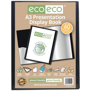 CW Office A3 50% Recycled 60 Pocket Presentation Display Book, showing green eco-friendly branding and features such as recycled materials, inside pocket, A3 paper size, and crystal clear smooth covers.
