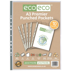 Eco eco A3 Premier Punched Pockets, image of a pack containing 10 recycled punched pockets with multiple punched holes, environmentally friendly and suitable for sustainable office organization.