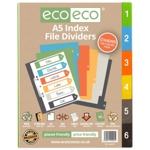 CW Office A5 50% Recycled Set 6 Index File Dividers, colorful paper dividers for organizing documents with numbered tabs from 1 to 6.