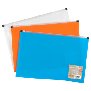 CW Office A5 50% Recycled Expanding Zip File, colorful document storage folders in blue, orange, and transparent plastic with zip closure.