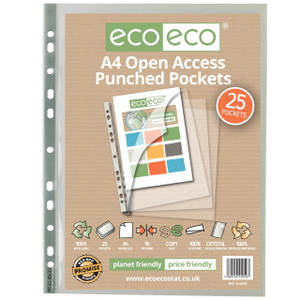 CW Office A4 100% Recycled Bag 25 Premier Open Access Multi Punched Pockets, packaging of eco-friendly A4 size document organizer with 25 punched pockets for efficient document storage.