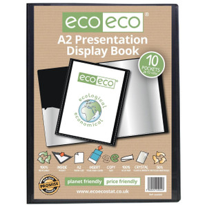 CW Office A2 50% Recycled 10 Pocket Presentation Display Book, front view showing the cover with eco-friendly branding and product features.