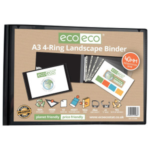 CW Office A3 95% Recycled Presentation 4 Ring Landscape Binder, product packaging with image of binder, rings, and sustainable features.