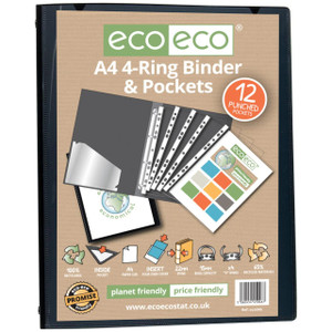 CW Office A4 65% Recycled Ring Binder with 12 Multi Punched Pockets, product image showing eco-friendly ring binder with punched pockets, recyclable materials, and green design elements.
