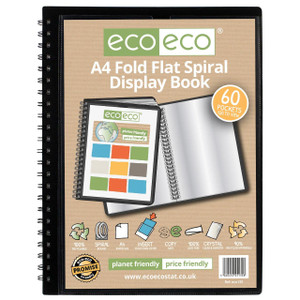CW Office A4 50% recycled 60 pocket Fold Flat Spiral display book, front view showing the cover design with branding, product features, and sample pages.