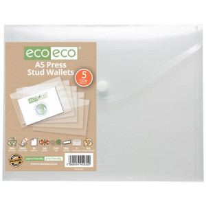 CW Office Pack 5 A5 95% Recycled Press Stud Wallets, transparent wallets made from recycled materials for organizing documents and cards.