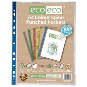 CW Office A4 100% Recycled Bag 100 Colour Spine Multi Punched Pockets, product packaging showing five colorful punched pockets with eco-friendly design and specifications highlighted.