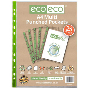 CW Office A4 100% Recycled Bag 25 65 Micron Multi Punched Pockets, eco-friendly file organiser with 25 punched pockets in a pack, made from recycled materials for environmentally conscious office use.