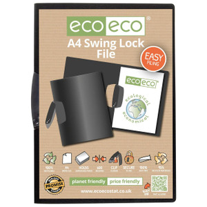CW Office A4 95% Recycled Swing Lock File, eco-friendly black document file with lock mechanism for secure filing.