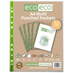CW Office A4 100% Recycled Bag 50 65 Micron Multi Punched Pockets, eco-friendly multifunctional document storage with 50 pockets for organization.