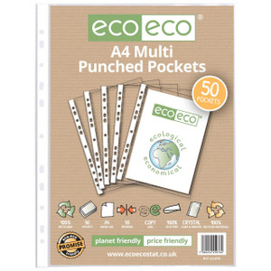 CW Office A4 100% Recycled Bag 50 Multi Punched Pockets, eco-friendly packaging with images of punched pockets and eco logos