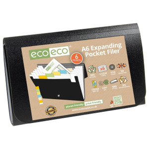 CW Office A6 50% Recycled 6 Pocket Expanding File, black permanent folder with product label showcasing features and eco-friendly attributes.