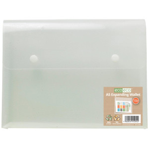 CW Office A5 95% Recycled Expanding 2 Stud Wallet, semi-transparent plastic wallet with a textured surface and a label indicating eco-friendly recycled materials and extended storage capacity.