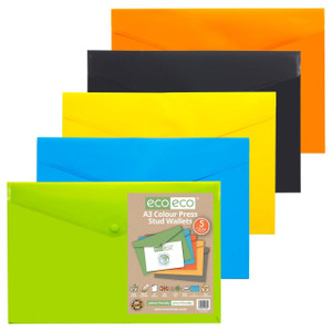 CW Office Pack 5 A3 50% Recycled Colour Press Stud Wallets, colorful eco-friendly wallets in orange, black, yellow, blue, and green with press studs for organization.