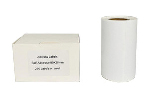 CW Office Address Label Roll Self Adhesive 89x36mm White, blank white roll of self-adhesive address labels for office use with a white box.