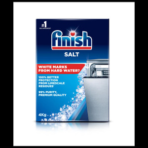 Finish Salt, 4kg pack of salt for dishwashers with blue and silver packaging featuring water splash graphics and an image of a dishwasher.