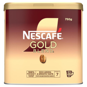 Product CW Office x6 Tin Nescafe Gold Blend 750g, a large coffee tin featuring the Nescafe Gold Blend logo, a coffee bean image, and details about the coffee's rich aroma, smooth taste, and up to 416 mugs capacity.