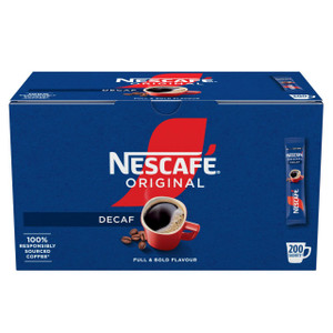 CW Office Nescafe Original Decaf Coffee Stick Packs 200's, box of decaffeinated coffee sachets with Nescafe branding and a cup of coffee on the packaging.