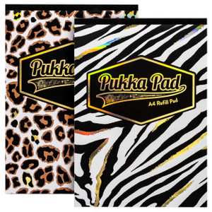 CW Office Pukka Pad Wild A4 160 Page Refill Pads Assorted, featuring leopard and zebra print covers with gold and holographic accents.