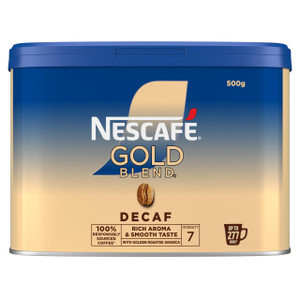 Product CW Office x6 Tin Nescafe Gold Blend Decaf, 500g - a blue and beige tin container of Nescafe Gold Blend Decaf coffee with rich aroma and smooth taste, 100% responsibly sourced, up to 277 mugs, with golden roasted arabica beans