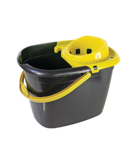 CW Office Bucket Great British Recycled With Yellow Wringer 14l, a durable black and yellow bucket with a built-in yellow wringer for efficient mopping and cleaning.
