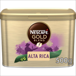 CW Office x3 Tin Nescafe Alta Rica 500g, gold-colored tin container with Nescafe Gold Blend logo and purple and green design elements.