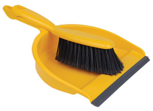 CW Office Dustpan and Brush Set Soft Bristle Yellow, yellow dustpan with black bristle brush for cleaning.