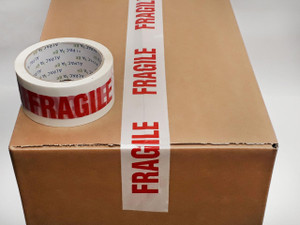 Product CW Office Pk 6 Printed BOPP Tape FRAGILE 48mm 66m 38mu Red/White, adhesive tape with 'FRAGILE' print on a cardboard box for packaging and shipping.