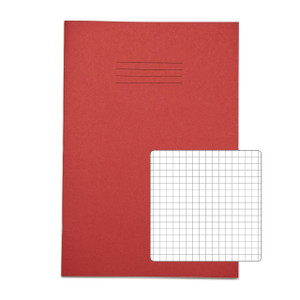 CW Office RHINO A4 Exercise Book 80 Page Red S5, pack of 10, with a plain red cover and a small white grid notepad included.