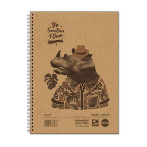 CW Office Rhino A4 Recycled Twinwire Notebook 160 Page 8mm Lined Pack of 5, image of a recycled cardboard notebook featuring an illustration of a rhinoceros wearing a hat and floral shirt design.