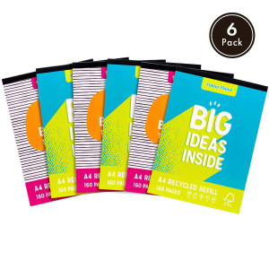 CW Office Pukka Planet A4 Assorted Refill Packs, 6-pack of recycled paper refills, each with 160 pages for the A4 size notebook or binder.