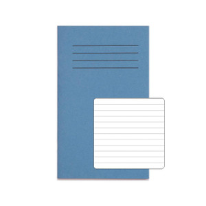 CW Office RHINO A6+ Exercise Book 48 Page Blue Light F7, pack of 100, featuring a blue cover with lines for writing on the front.