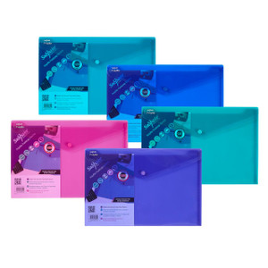 CW Office Polyfile Foolscap Electra Assorted - 5 Files, set of colorful foolscap file folders in pink, blue, purple, and green colors with secure press-stud closures for organizing documents.