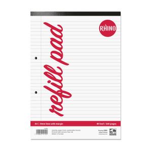 CW Office RHINO A4 Refill Pad 80 Leaf F8M, pack of 48, white lined refill pages with red and black branding, 8mm lines with margin for note-taking and writing.