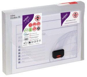 CW Office DocBox 35 A4 Clear, transparent document storage box with a black and red latch, designed for organizing A4-sized documents.