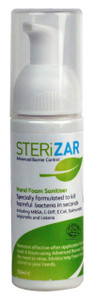 CW Office 50ml SteriZar Alcohol Free Foam Hand Sanitiser, white foam dispenser bottle with green and blue label showing product details.