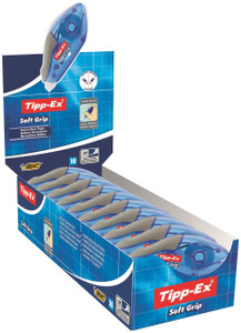 CW Office Tipp-Ex Soft Grip Correction Tape Pack of 10, blue correction tape dispensers in a retail box display.