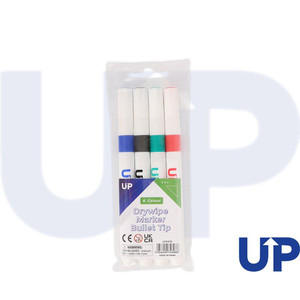 CW Office UP Drywipe Bullet Tip Marker Assorted Wallet (4), set of four white markers with colored caps in blue, black, green, and red for whiteboards.