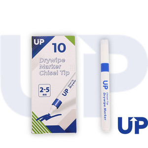 CW Office UP Drywipe Chisel Tip Marker Blue, set of 10 dry erase markers with chisel tips for whiteboards, featuring blue ink and white barrels with blue accents.