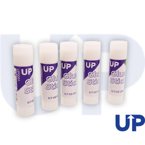CW Office UP Glue Stick Medium 9 - 20g, set of five glue sticks with purple and white labels, portable and ideal for school and office crafts.
