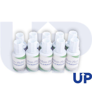 CW Office UP 20ml Correction Fluid White, set of 10 correction fluid bottles with white caps and white labels for covering errors in documents.